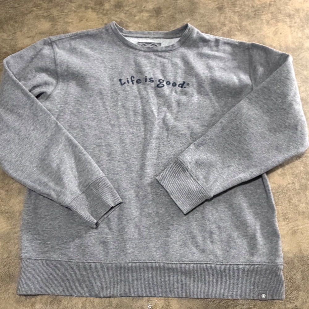 Life is Good Sweatshirt Mens M Gray Life is Good Embroidered Crewneck Pullover